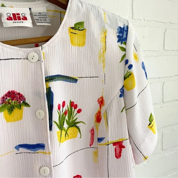Vintage 90s Novelty Floral Grid Blouse Art Teacher Aesthetic Sz 10P - Picture 6 of 12